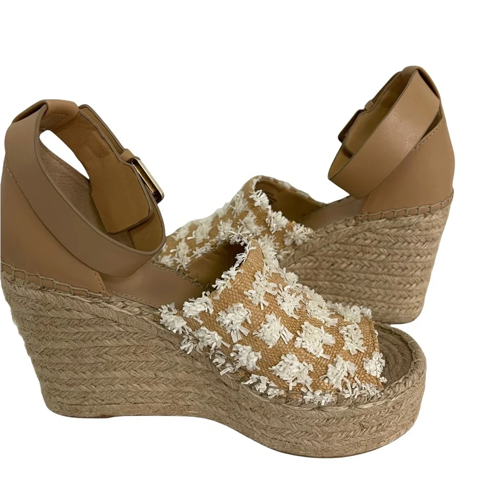 Marc Fisher Tan and White Espadrille Wedge Sandals